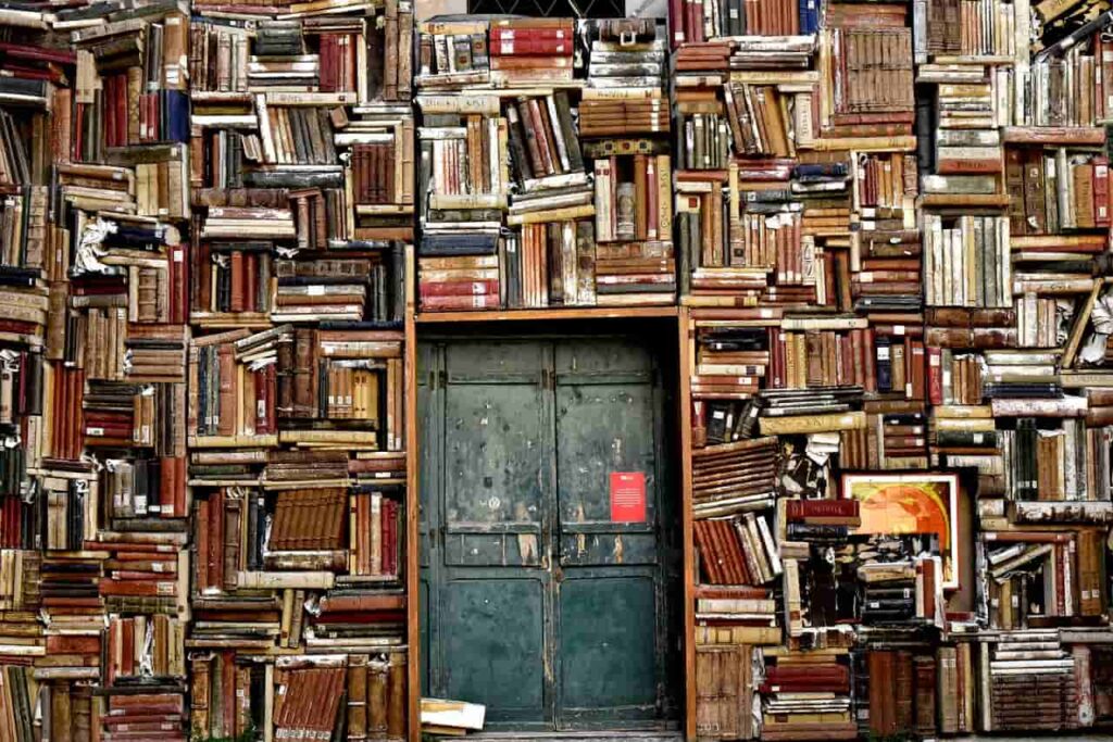A door surrounded by a lot of books, showing how learning can open new doors